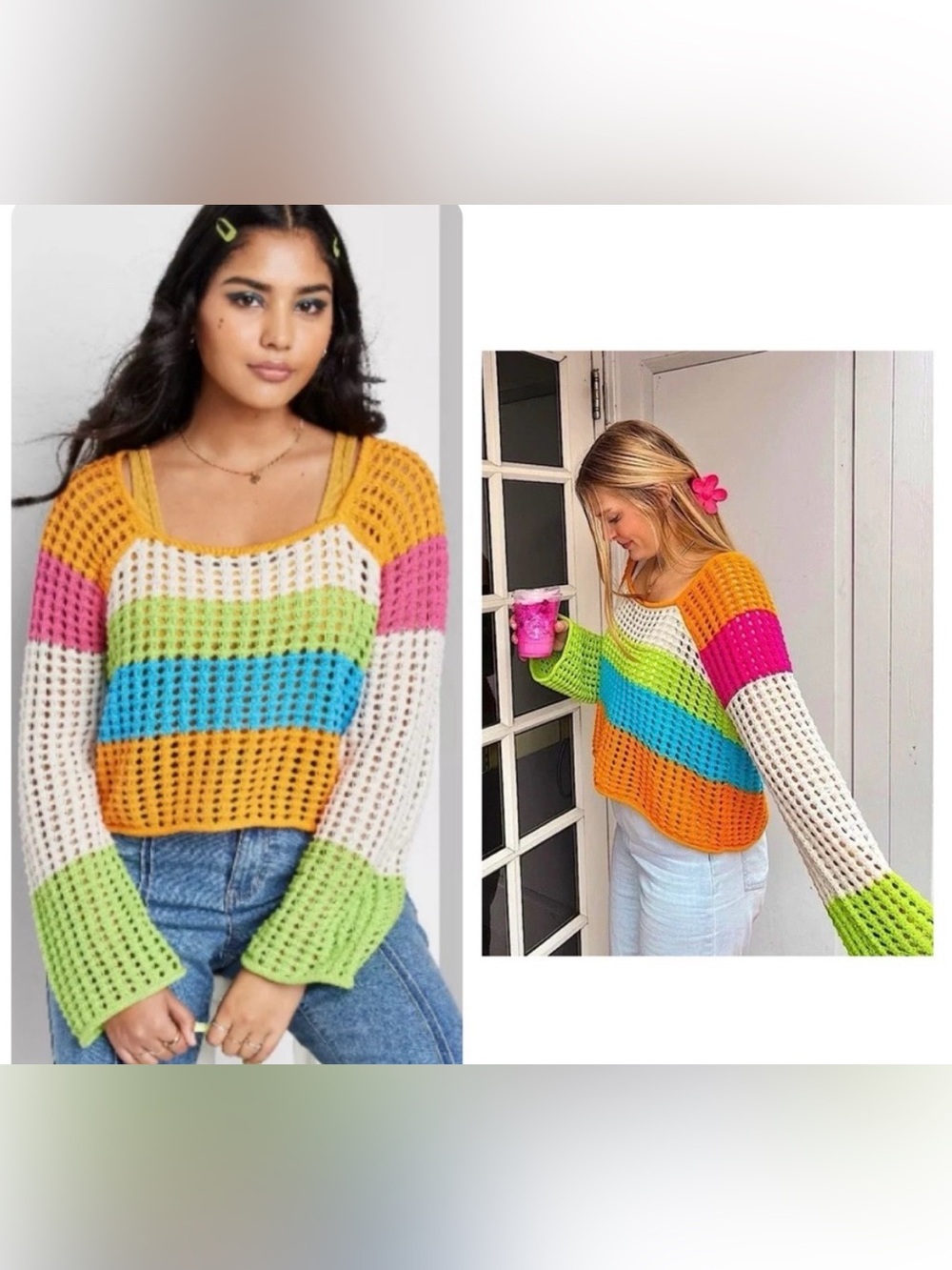 Wild Fable Multicolor Open-Knit Stripe Scoop-Neck Sweater Women’s Size XS